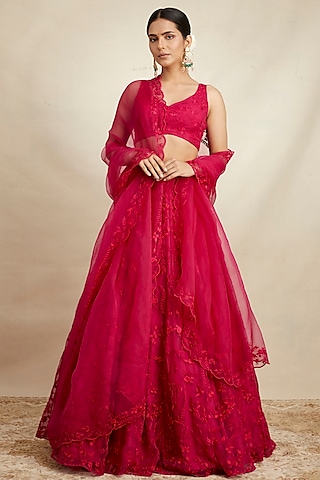 Caramine Pink Organza Silk Thread Embroidered Lehenga Set by Astha Narang