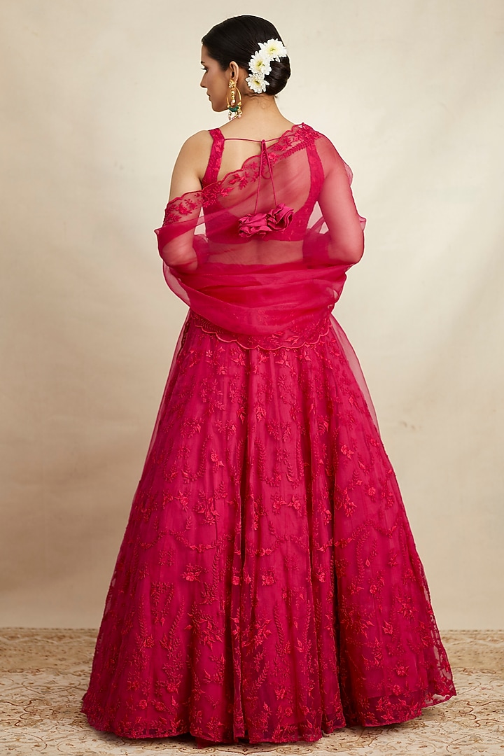 Caramine Pink Organza Silk Thread Embroidered Wedding Lehenga Set by Astha Narang at Pernia's Pop Up Shop