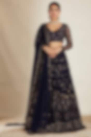 Midnight Blue Net & Crepe Sequins Embellished Wedding Lehenga Set by Astha Narang at Pernia's Pop Up Shop