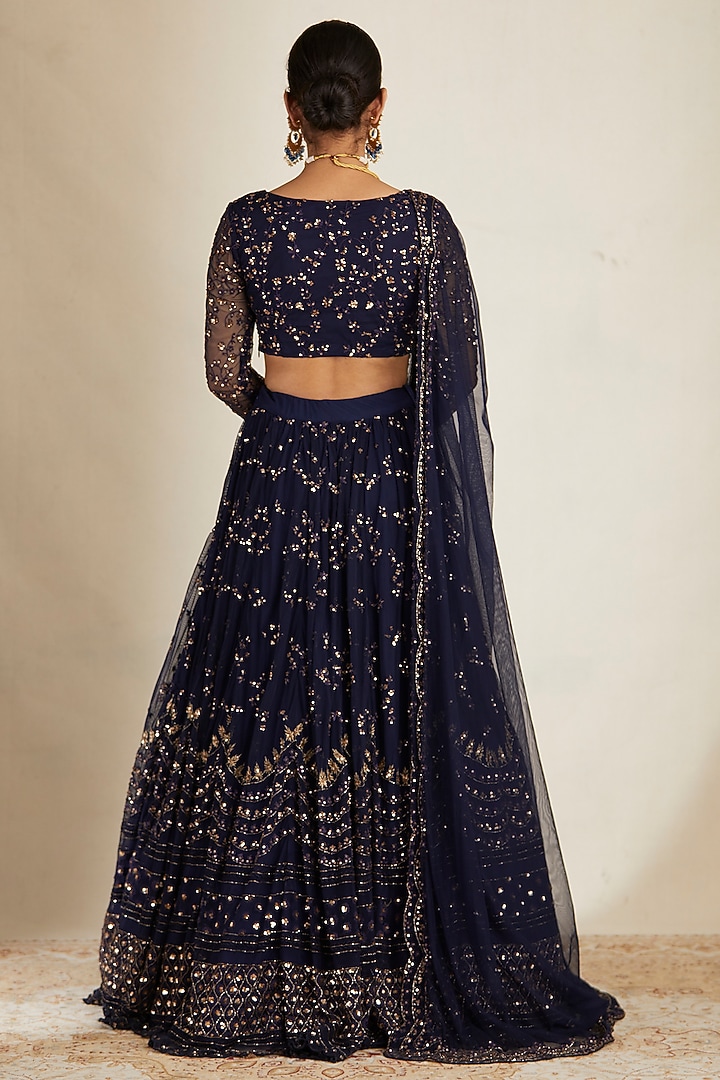 Midnight Blue Net & Crepe Sequins Embellished Bridal Lehenga Set by Astha Narang at Pernia's Pop Up Shop