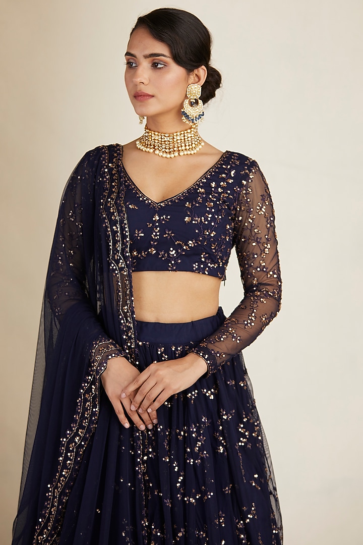 Midnight Blue Net & Crepe Sequins Embellished Bridal Lehenga Set by Astha Narang at Pernia's Pop Up Shop