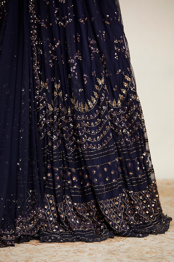 Midnight Blue Net & Crepe Sequins Embellished Bridal Lehenga Set by Astha Narang at Pernia's Pop Up Shop