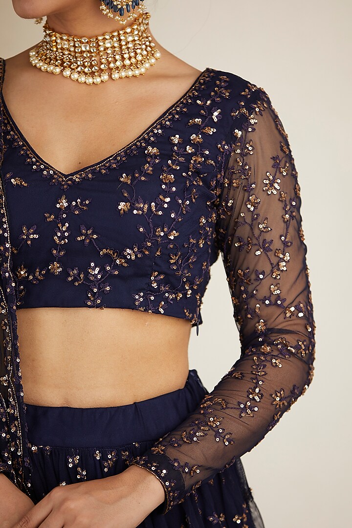 Midnight Blue Net & Crepe Sequins Embellished Bridal Lehenga Set by Astha Narang at Pernia's Pop Up Shop