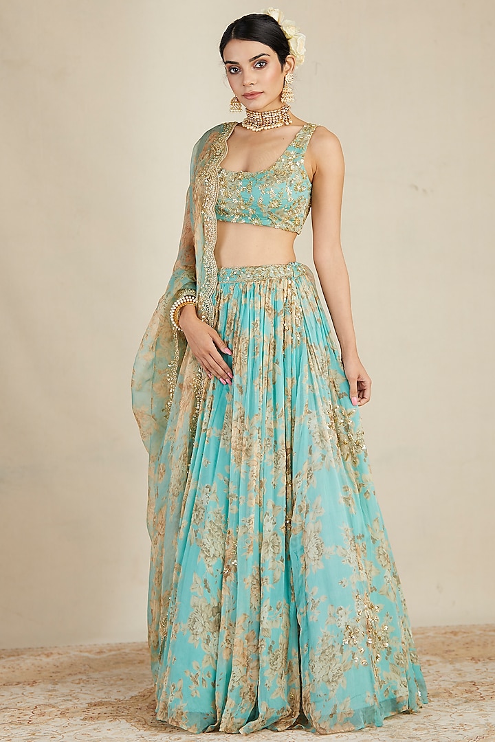 Sky Blue Printed & Embellished Lehenga Set by Astha Narang