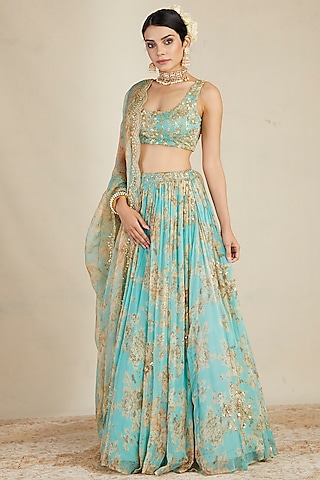 Sky Blue Organza Printed & Embellished Lehenga Set by Astha Narang