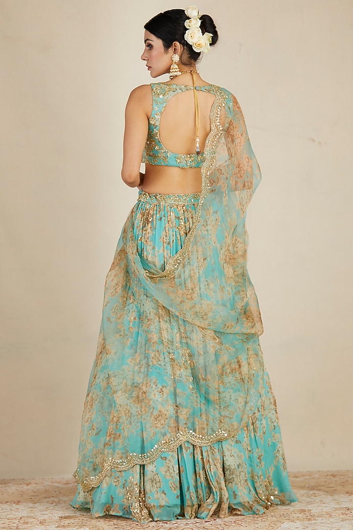 Sky Blue Organza Printed & Embellished Wedding Lehenga Set by Astha Narang at Pernia's Pop Up Shop
