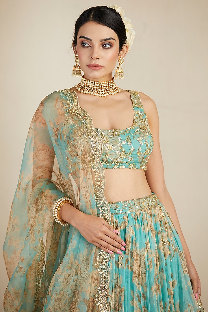 Sky Blue Organza Printed & Embellished Wedding Lehenga Set by Astha Narang at Pernia's Pop Up Shop