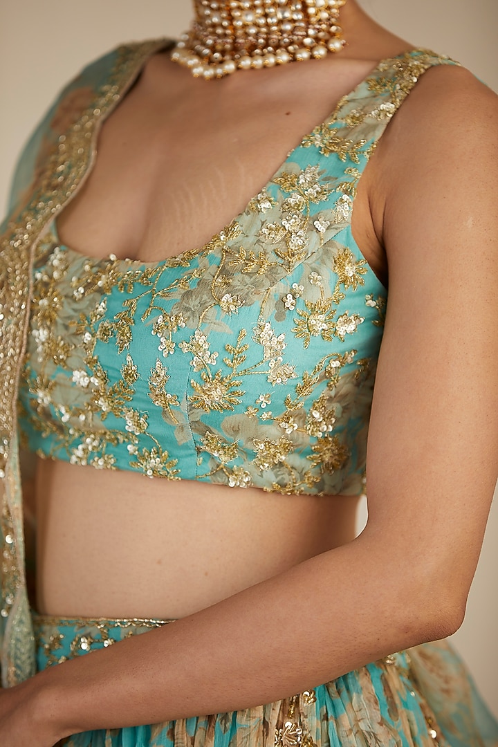 Sky Blue Organza Printed & Embellished Wedding Lehenga Set by Astha Narang at Pernia's Pop Up Shop