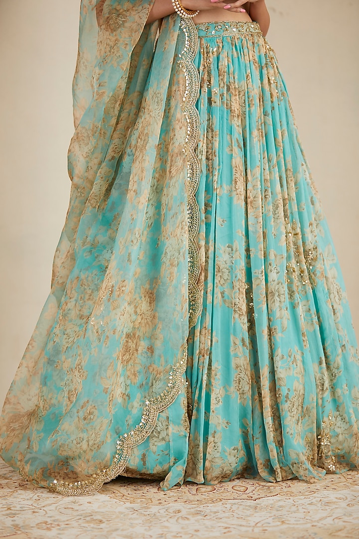 Sky Blue Organza Printed & Embellished Wedding Lehenga Set by Astha Narang at Pernia's Pop Up Shop