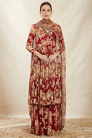 Red Printed Angrakha Kurta Set by Astha Narang