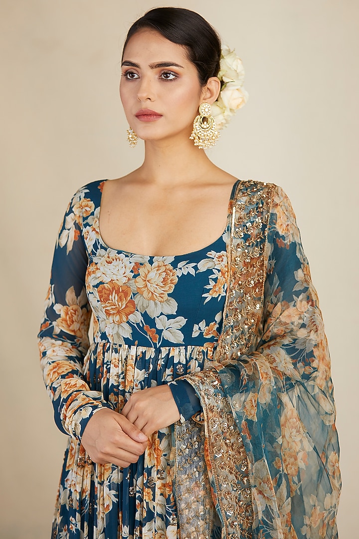 Teal Printed Wedding Anarkali Set by Astha Narang at Pernia's Pop Up Shop