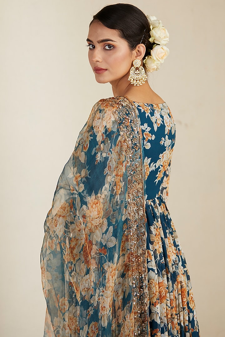 Teal Printed Wedding Anarkali Set by Astha Narang at Pernia's Pop Up Shop