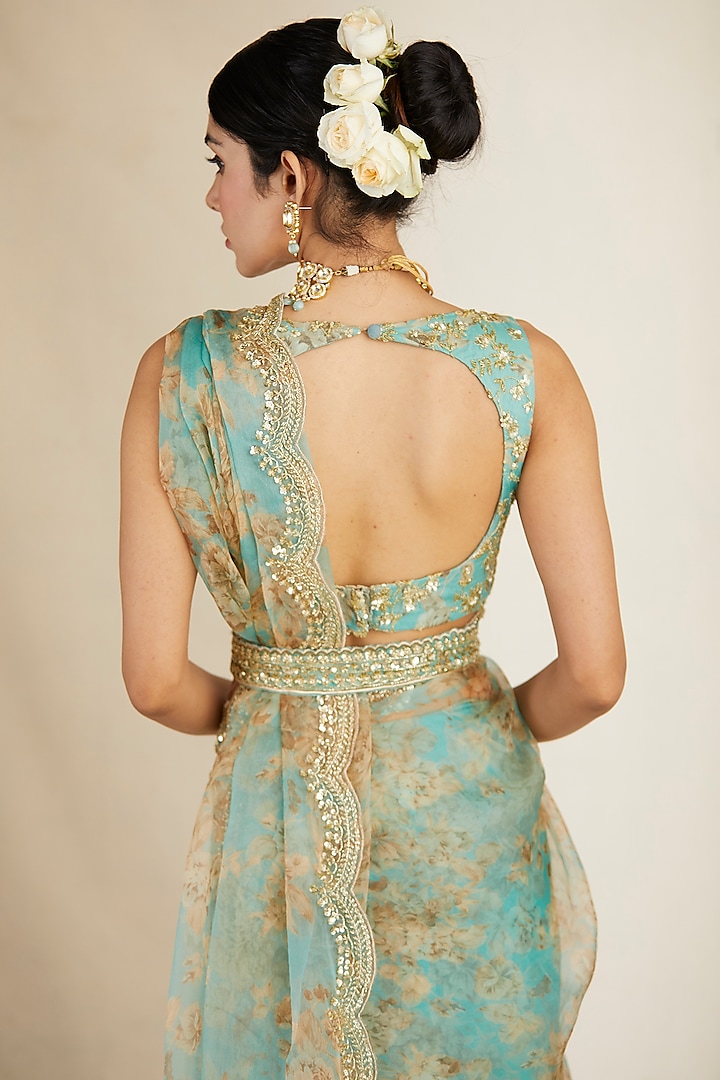 Sky Blue Organza Printed Wedding Saree Set by Astha Narang at Pernia's Pop Up Shop