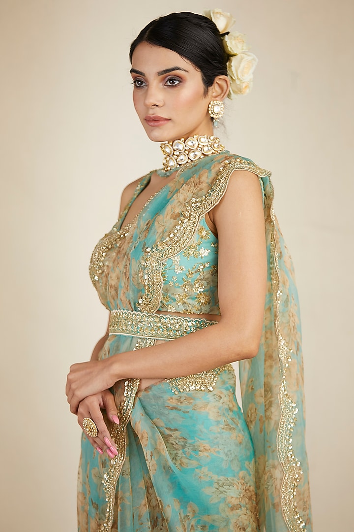 Sky Blue Organza Printed Wedding Saree Set by Astha Narang at Pernia's Pop Up Shop