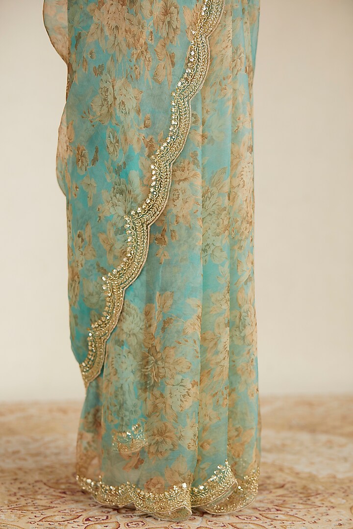 Sky Blue Organza Printed Wedding Saree Set by Astha Narang at Pernia's Pop Up Shop
