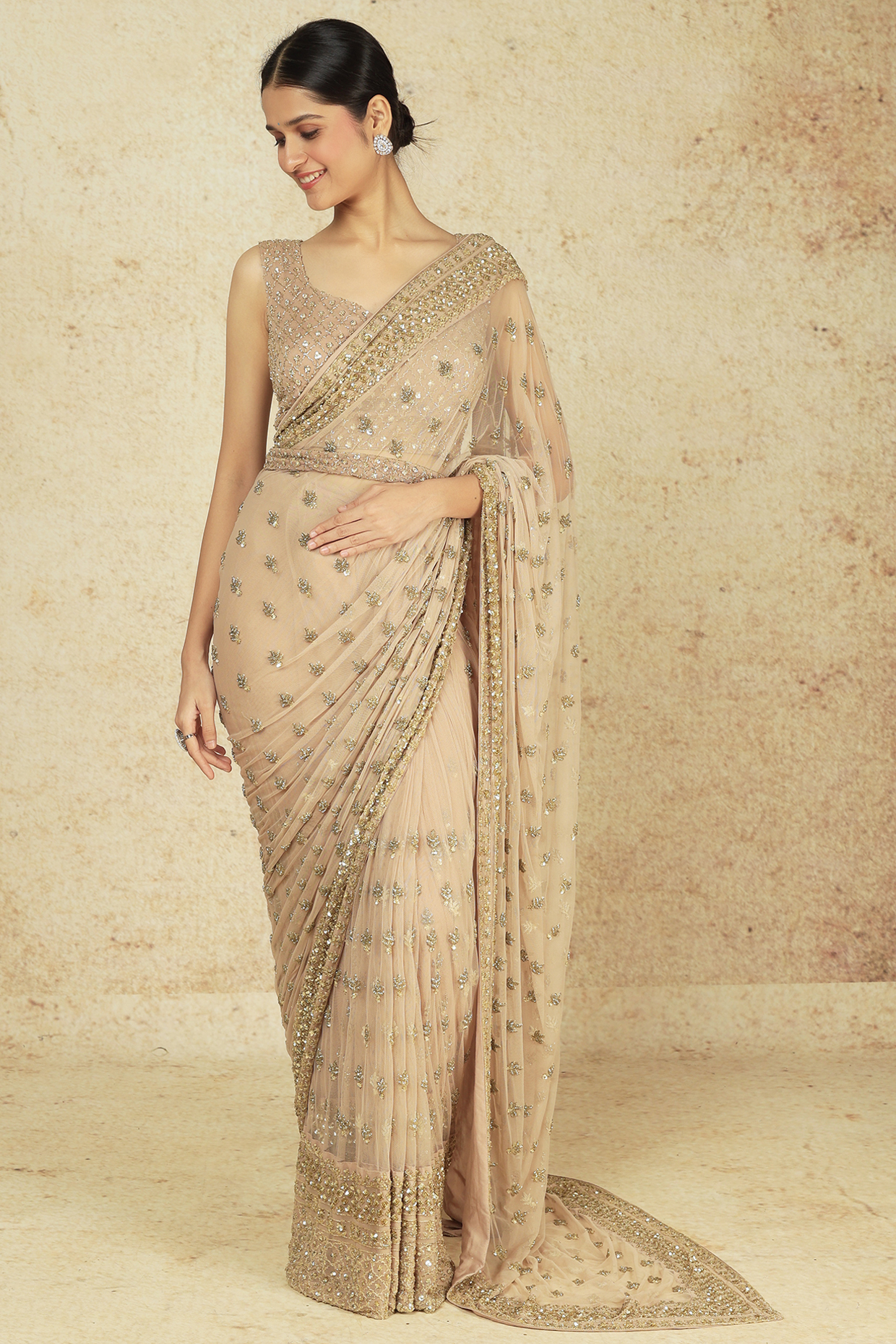 Nude Georgette & Net Sequins Work Reception Saree Set With Belt by Astha Narang at Pernia's Pop Up Shop