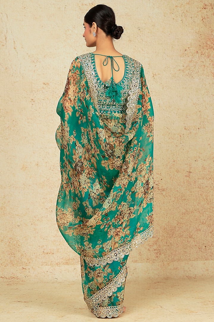 Green Silk Organza Floral Printed Wedding Saree Set by Astha Narang at Pernia's Pop Up Shop