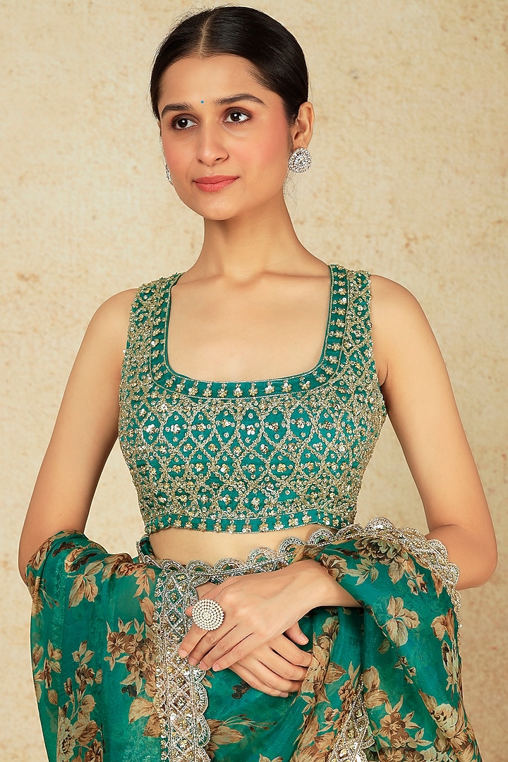 Green Silk Organza Floral Printed Wedding Saree Set by Astha Narang at Pernia's Pop Up Shop