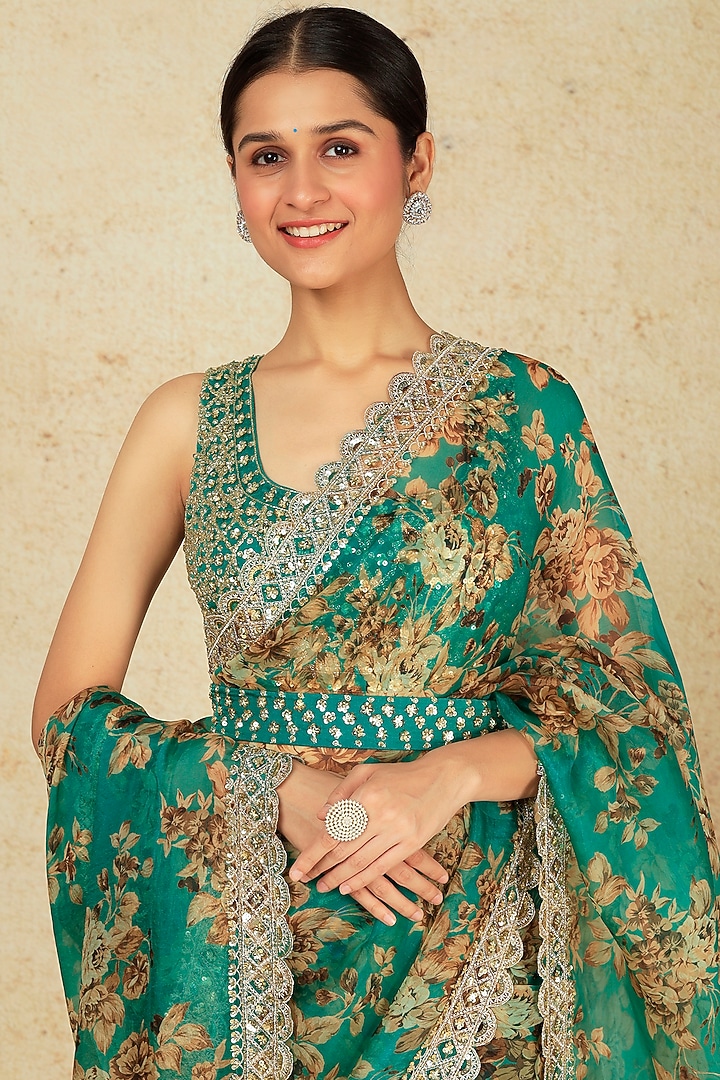 Green Silk Organza Floral Printed Wedding Saree Set by Astha Narang at Pernia's Pop Up Shop