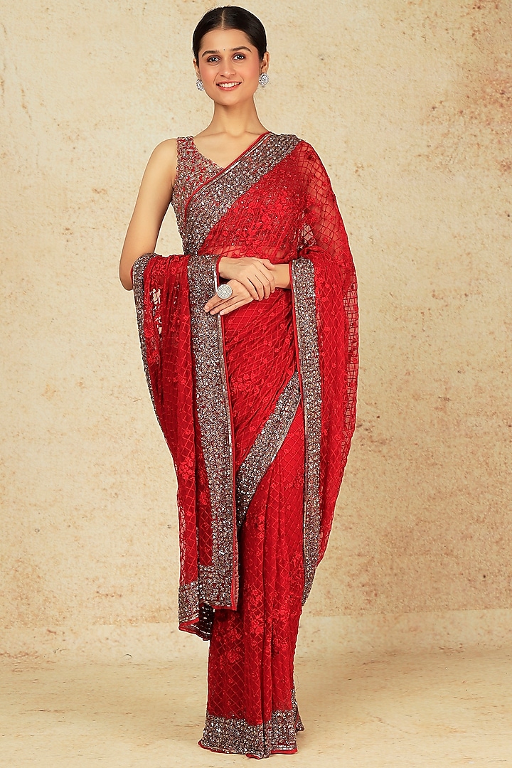 Red Embroidered Saree Set With Belt by Astha Narang
