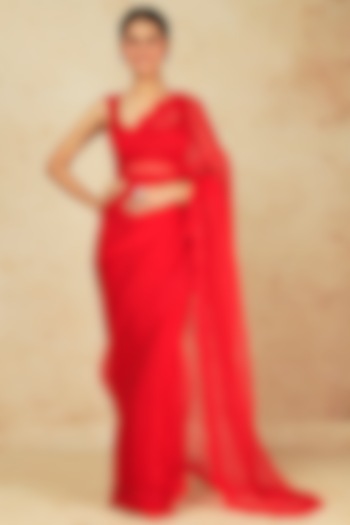 Red Organza Embroidered Saree Set With Belt by Astha Narang