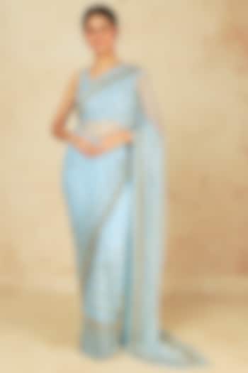 Sky Blue Net Embroidered Saree Set by Astha Narang