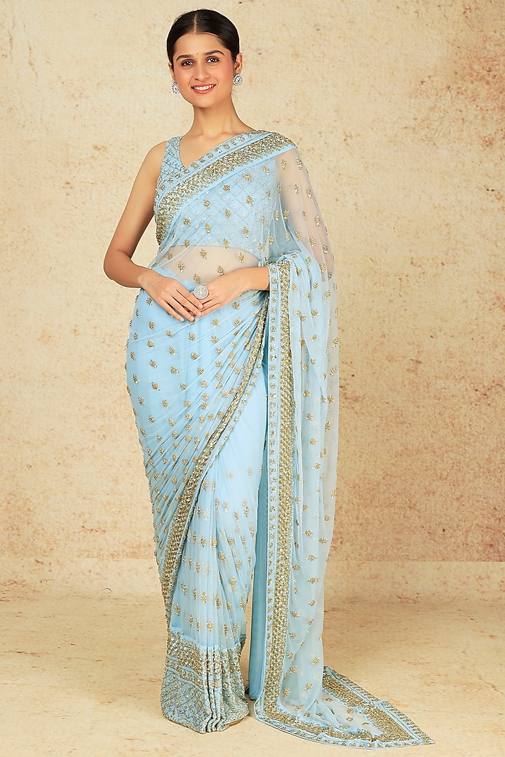 Sky Blue Net Embroidered Saree Set by Astha Narang