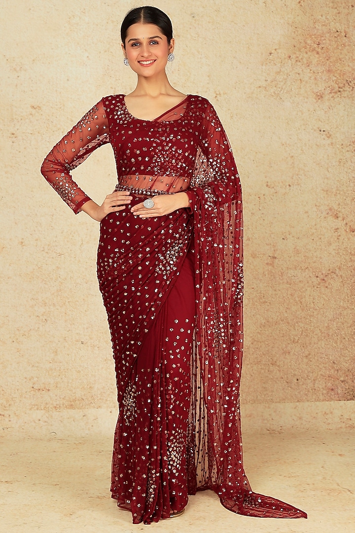 Marron Net & Crepe Cluster Saree Set With Belt by Astha Narang
