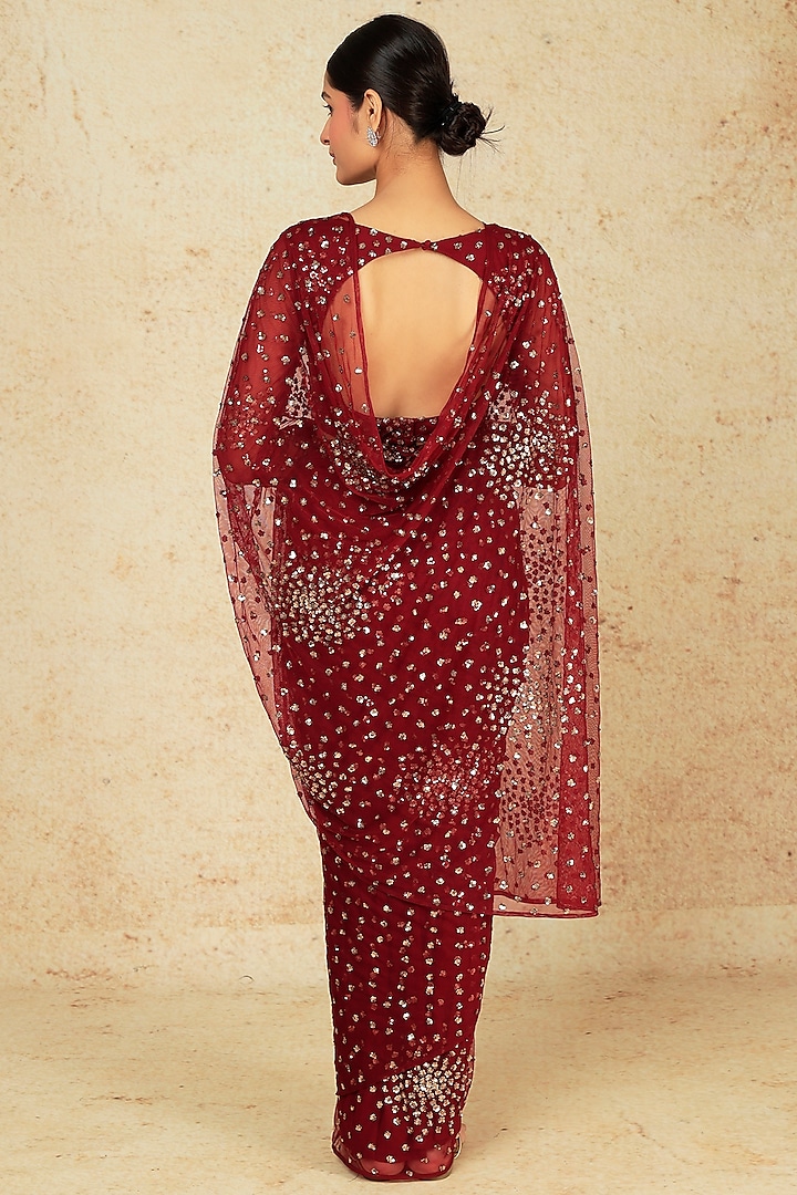 Marron Net & Crepe Cluster Wedding Saree Set With Belt by Astha Narang at Pernia's Pop Up Shop