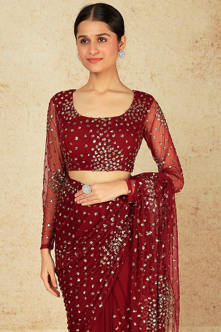 Marron Net & Crepe Cluster Wedding Saree Set With Belt by Astha Narang at Pernia's Pop Up Shop