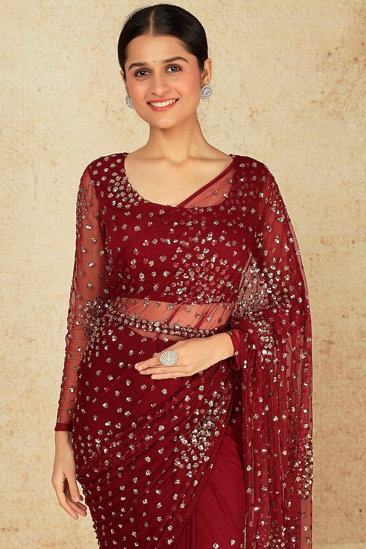 Marron Net & Crepe Cluster Wedding Saree Set With Belt by Astha Narang at Pernia's Pop Up Shop