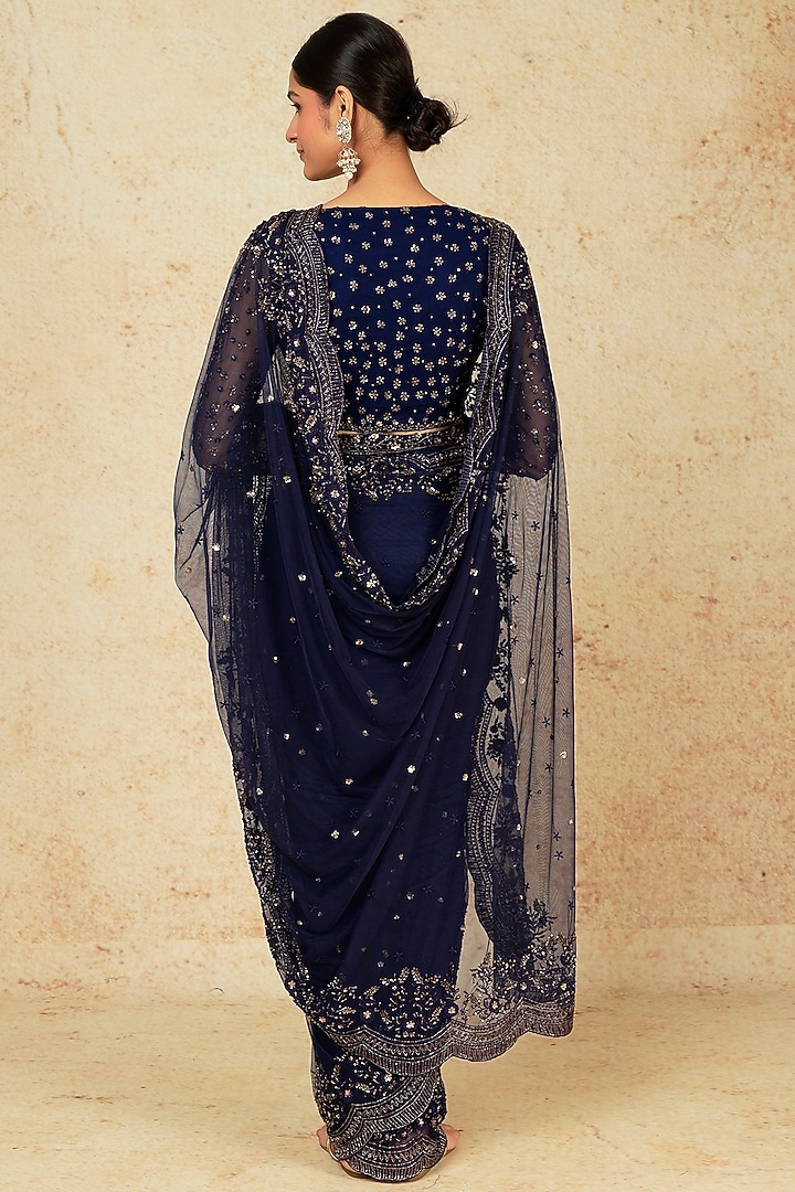Midnight Blue Net Embroidered Wedding Saree Set With Belt by Astha Narang at Pernia's Pop Up Shop