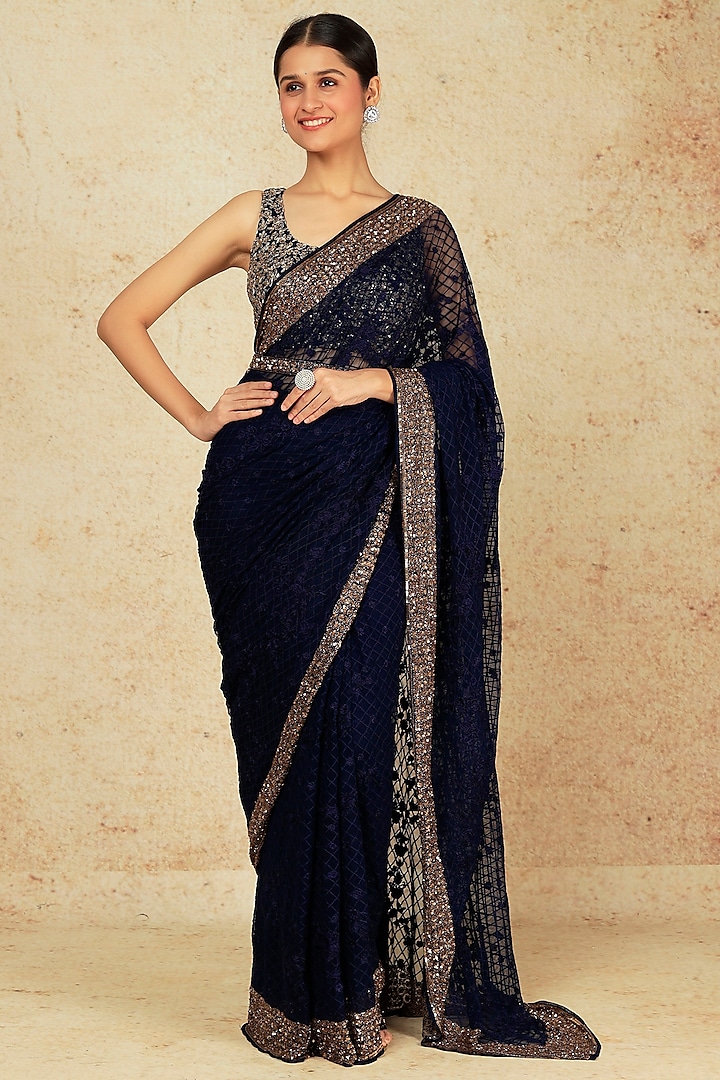 Midnight Blue Embroidered Saree Set With Belt by Astha Narang