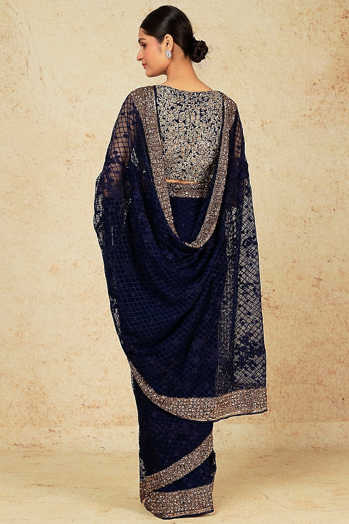 Midnight Blue Embroidered Reception Saree Set With Belt by Astha Narang at Pernia's Pop Up Shop