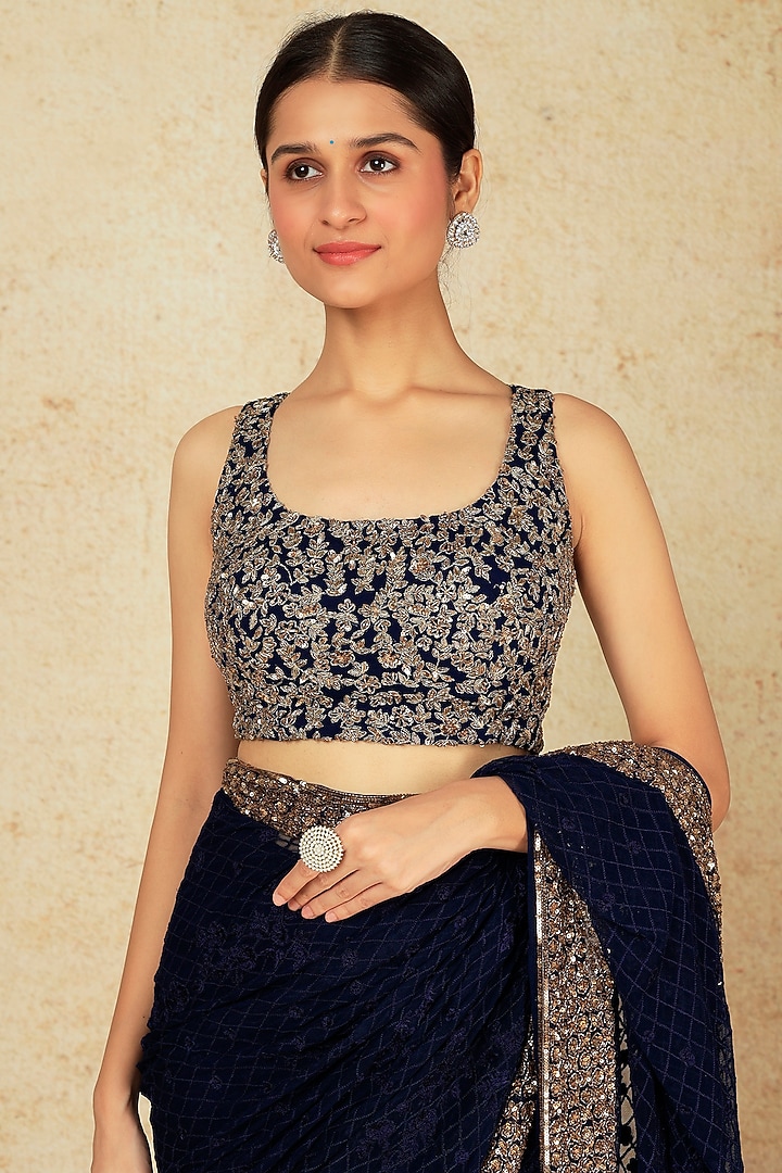 Midnight Blue Embroidered Reception Saree Set With Belt by Astha Narang at Pernia's Pop Up Shop