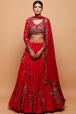 Red Raw Silk Motif Embroidered Lehenga Set by Astha Narang
