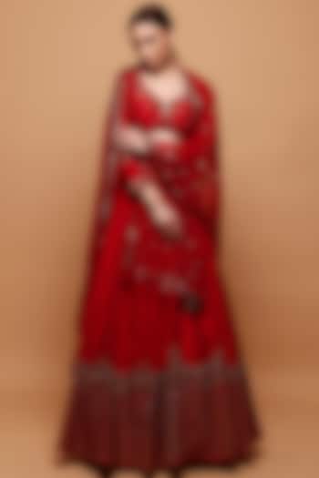 Red Raw Silk & Net Embroidered Lehenga Set by Astha Narang