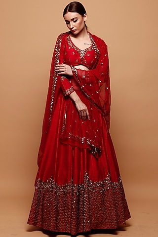 Red Raw Silk & Net Embroidered Lehenga Set by Astha Narang