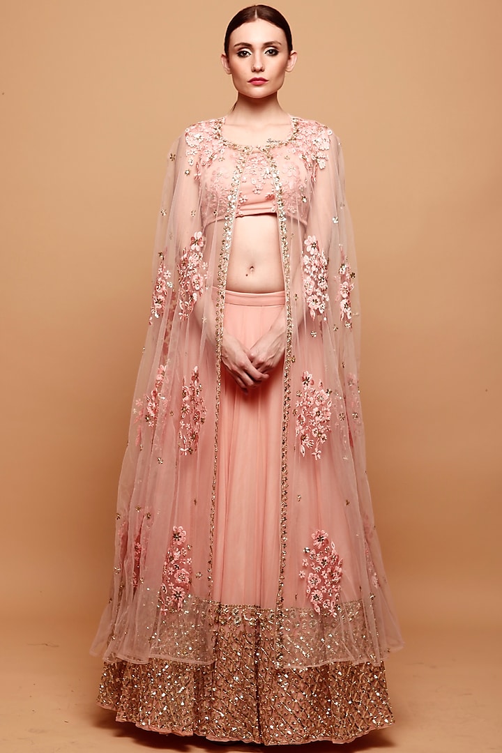 Blush Pink Net Sequins Embroidered Lehenga Set by Astha Narang
