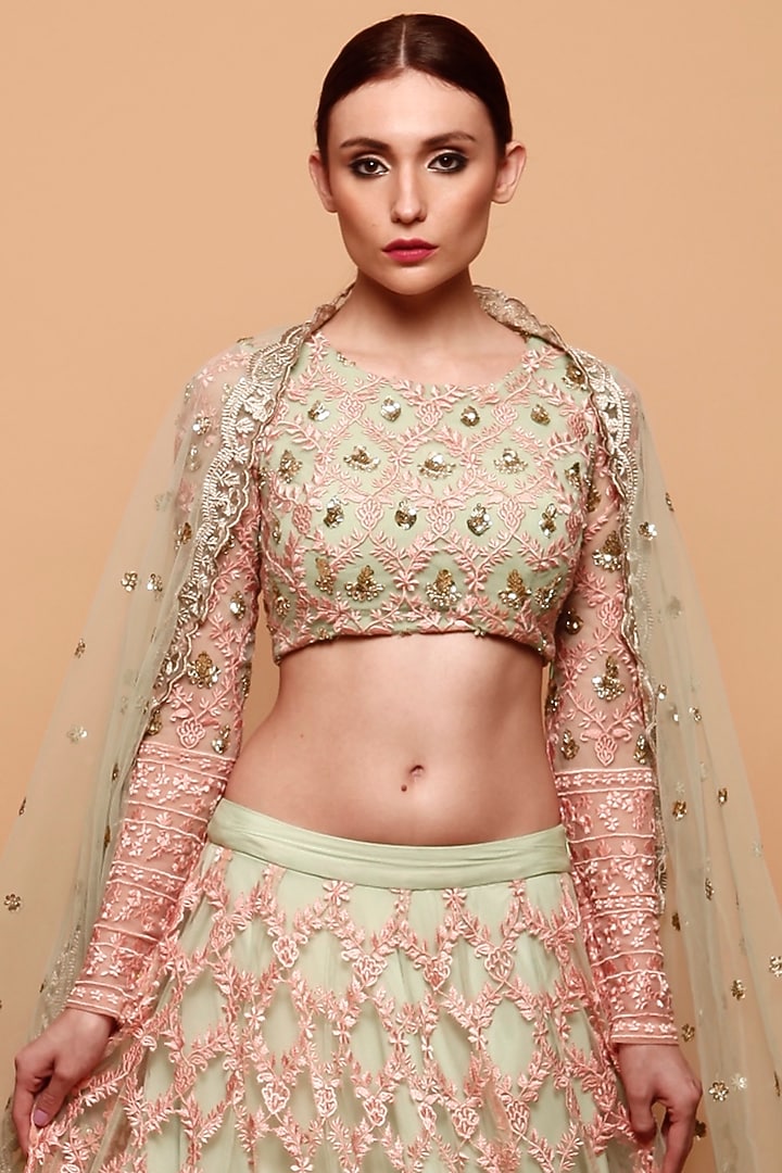 Mint Green Net Thread Embroidered Wedding Lehenga Set by Astha Narang at Pernia's Pop Up Shop