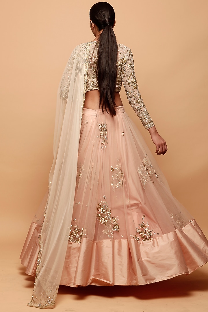 Peach Net Embroidered Wedding Lehenga Set by Astha Narang at Pernia's Pop Up Shop
