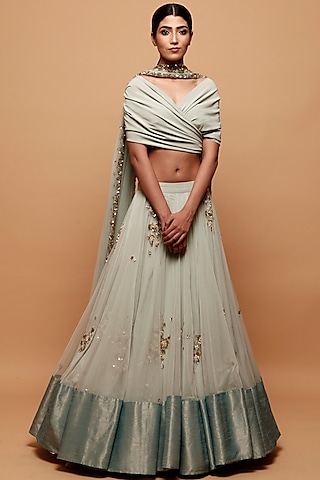 Powder Blue Net Lehenga Set With Silk Border by Astha Narang