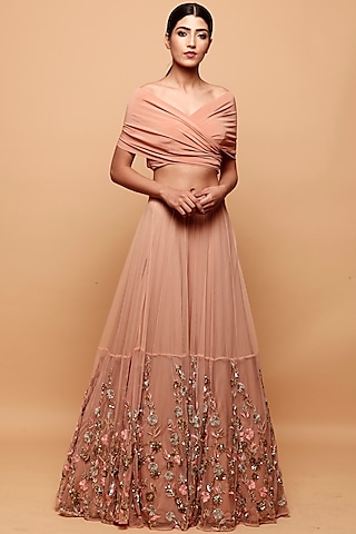 Peach Net & Lycra Silk Embroidered Lehenga Set by Astha Narang