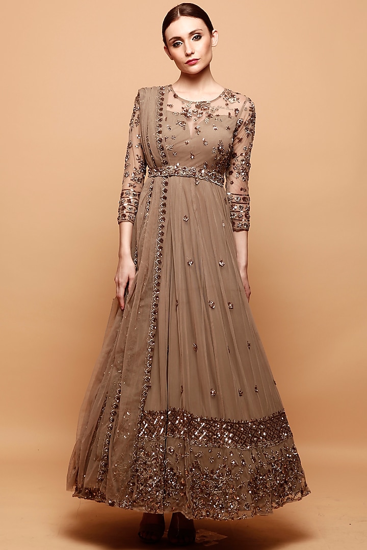 Brown Hand Embroidered Anarkali Set by Astha Narang at Pernia's Pop Up Shop