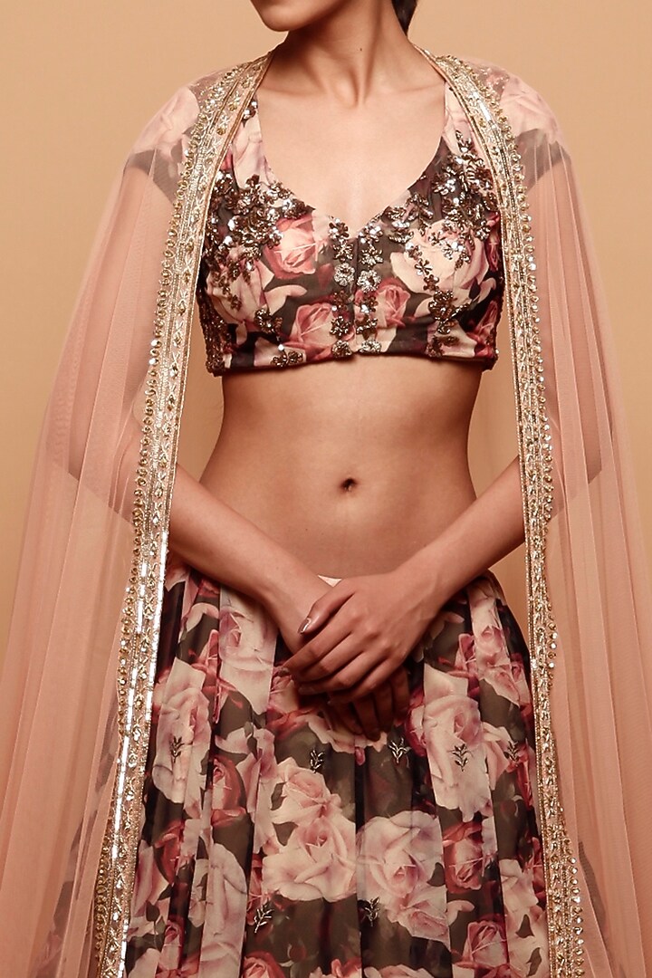 Multi-Colored Silk Organza & Crepe Floral Printed Wedding Lehenga Set by Astha Narang at Pernia's Pop Up Shop