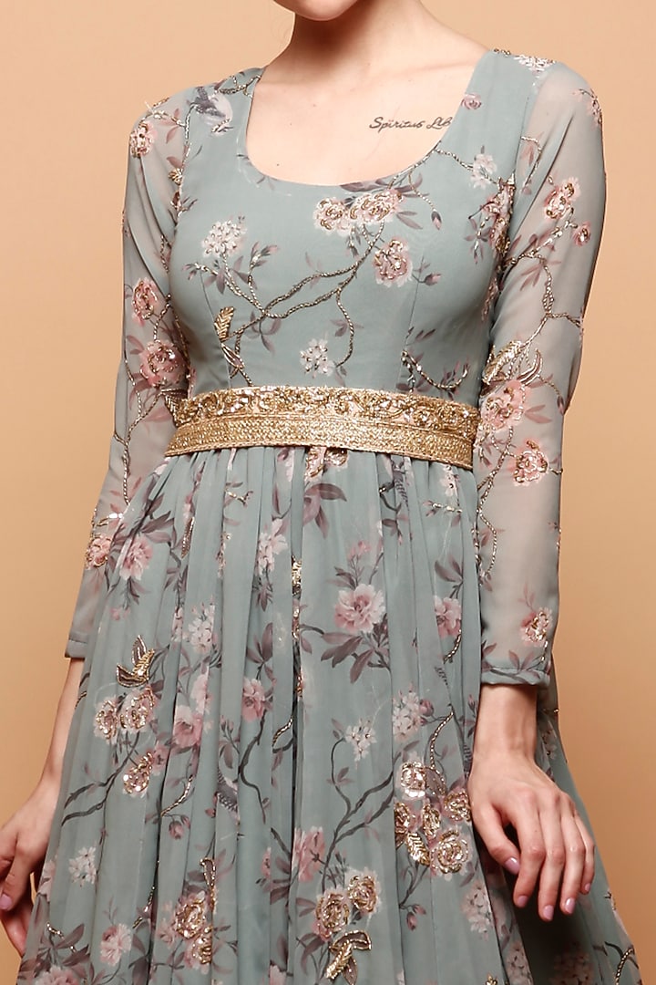 Blue Printed Wedding Anarkali With Belt by Astha Narang at Pernia's Pop Up Shop