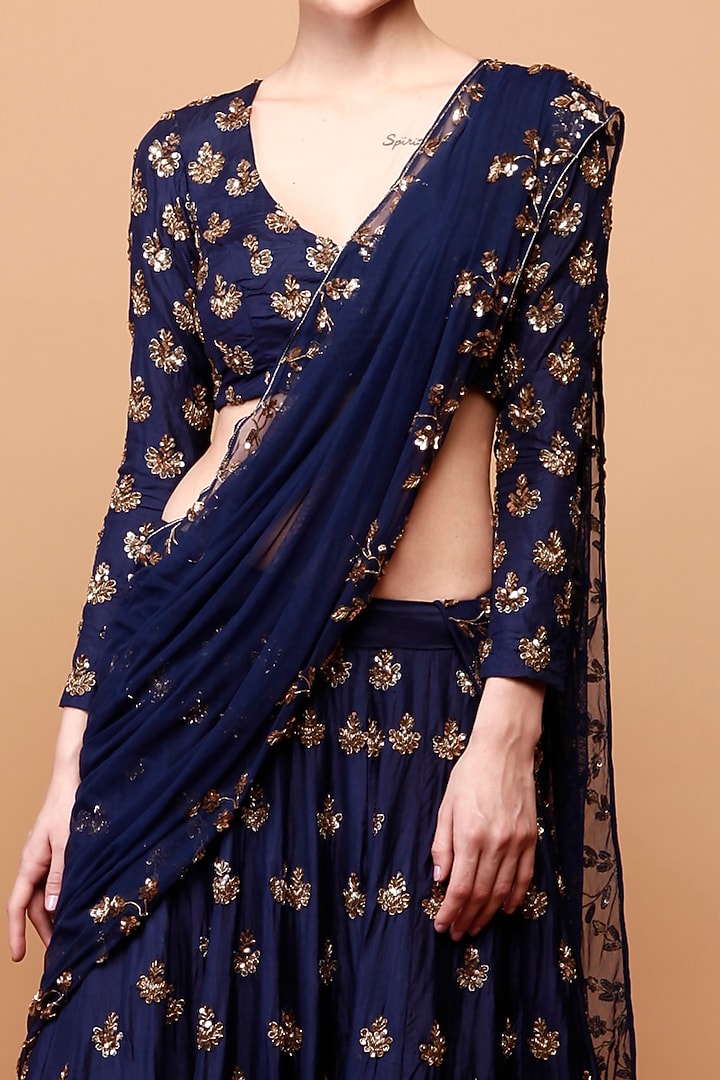 Navy Blue Georgette & Crepe Boota Embroidered Wedding Lehenga Set by Astha Narang at Pernia's Pop Up Shop