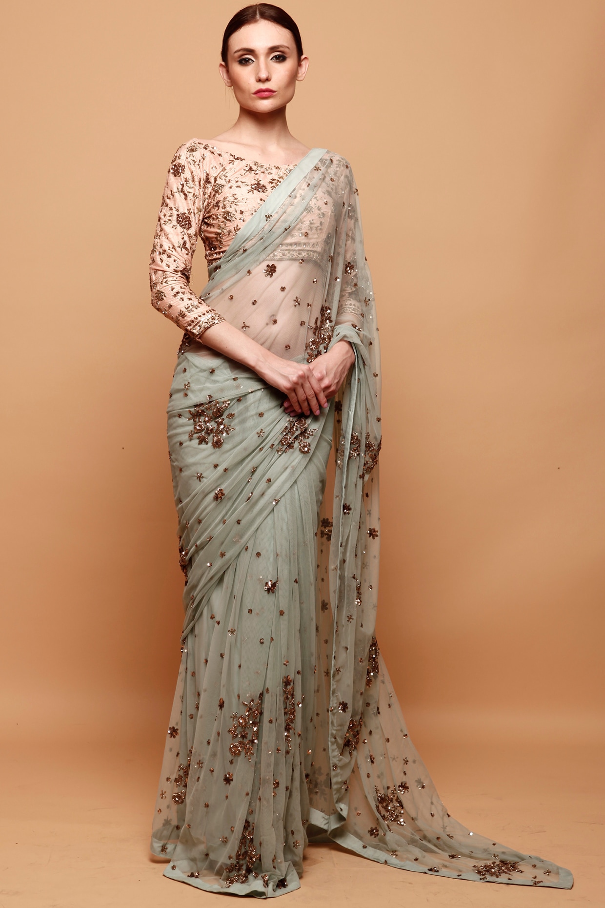 Embroidered Sky Blue Pre-Draped Saree Set main image 0