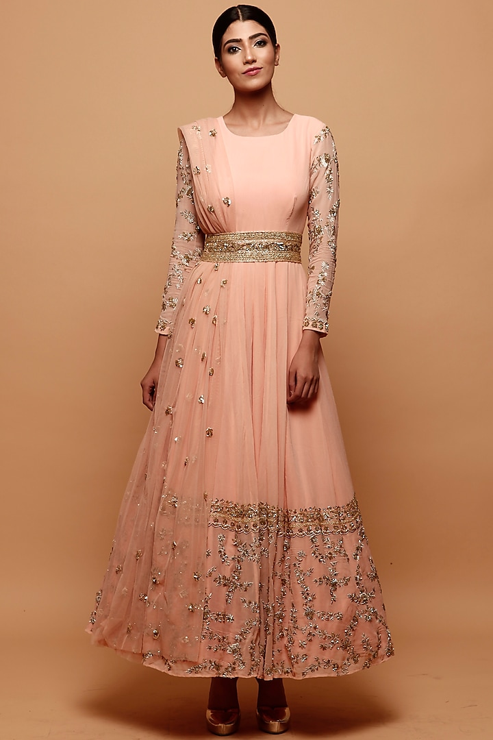 Blush Pink Net Anarkali With Belt by Astha Narang