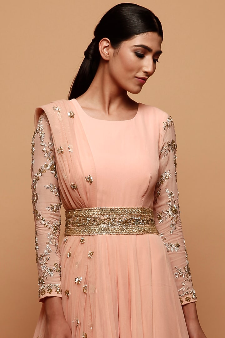Blush Pink Net Wedding Anarkali With Belt by Astha Narang at Pernia's Pop Up Shop
